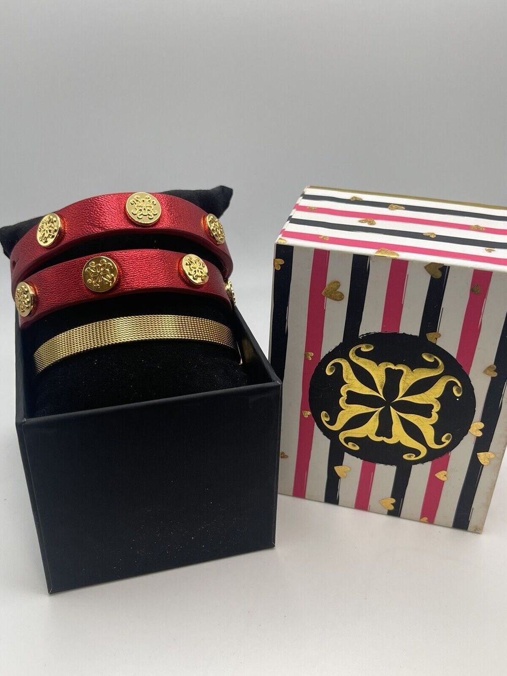 Rustic Cuff Matallic Red Double Wrap Bracelet & Gold Wire Bracelet Set New